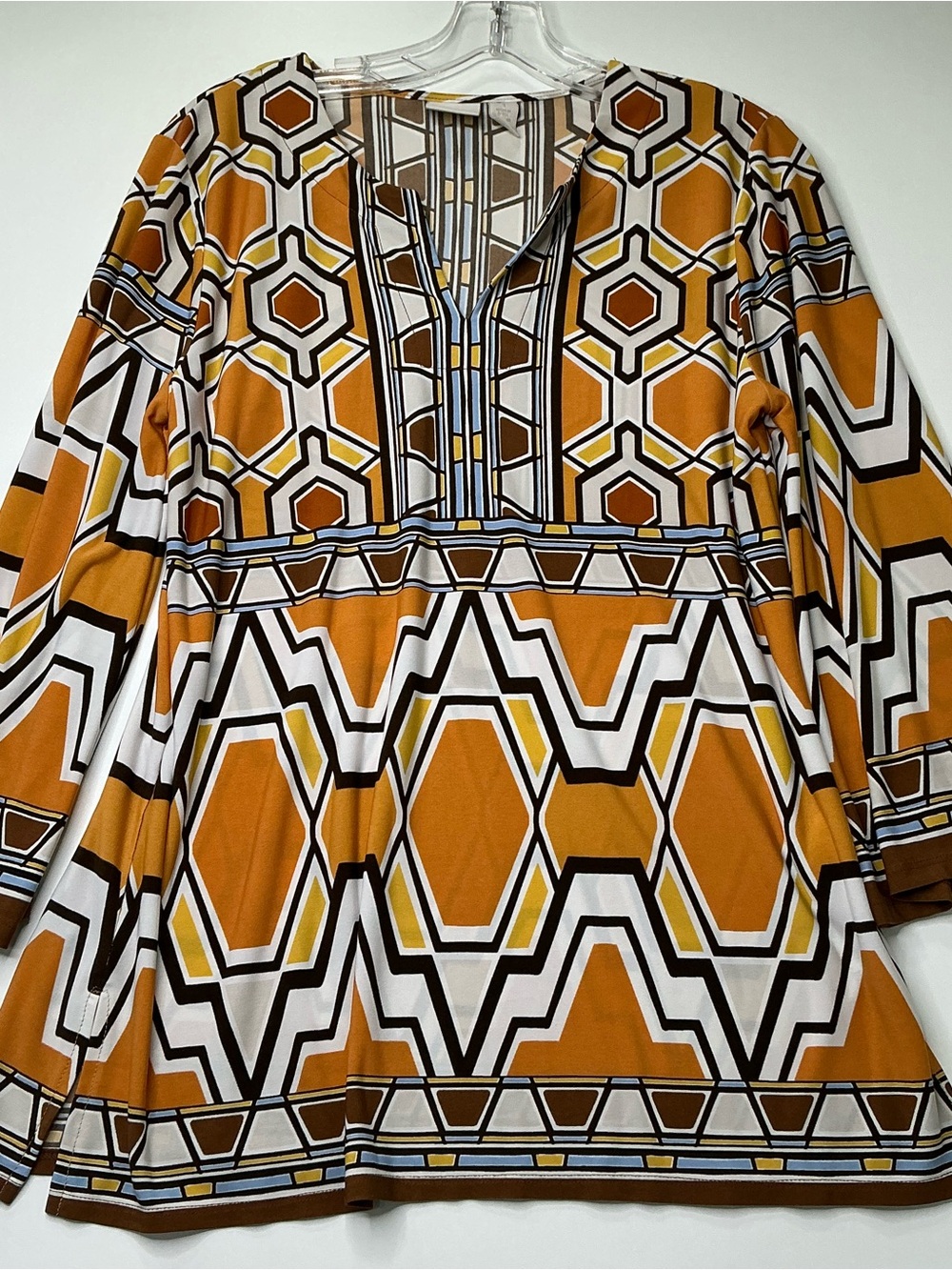 Chicos Women’s Jersey Tunic Top Retro Vibe Earth Tones Sz 1 Preowned